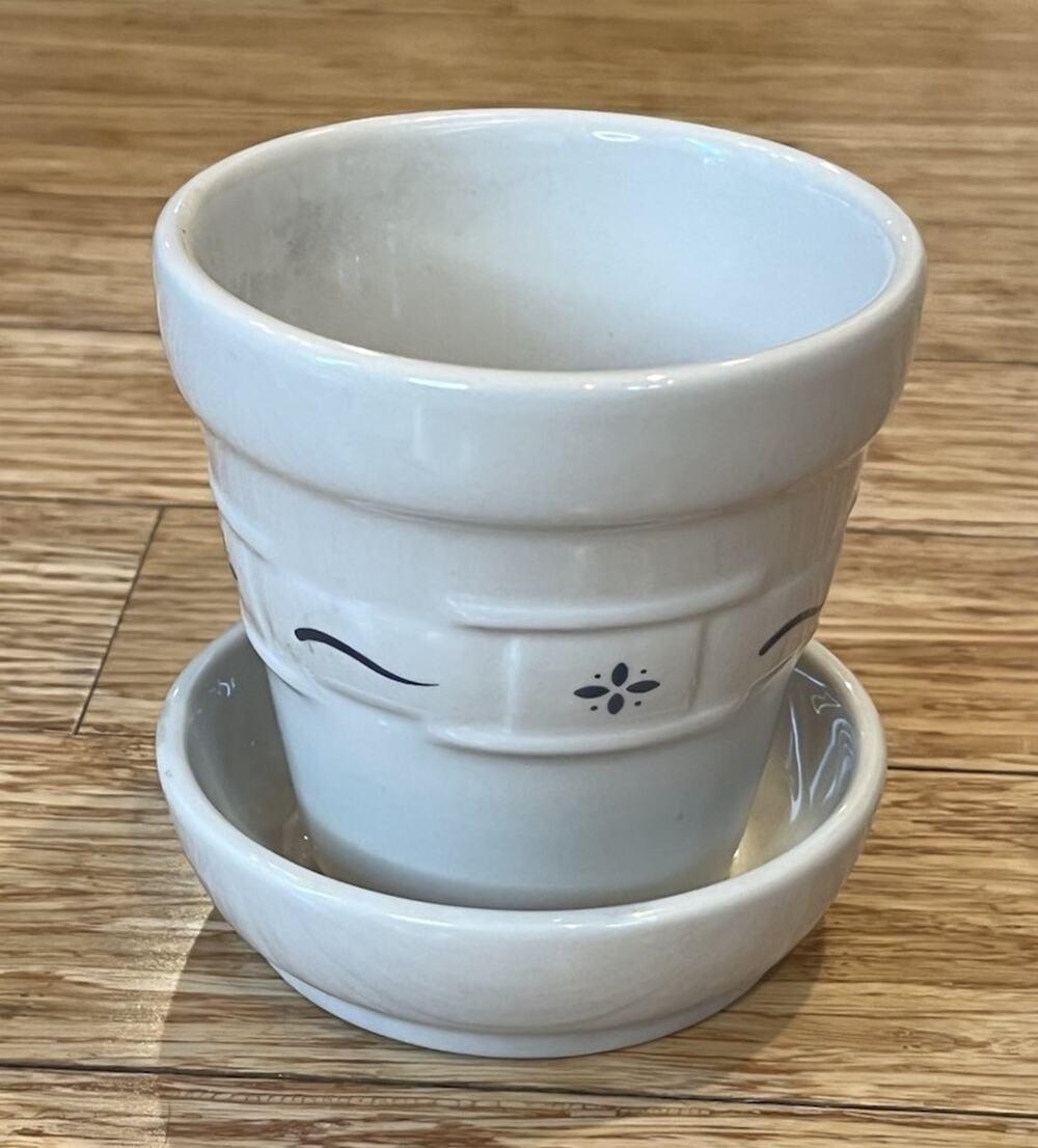 Longaberger Pottery Woven Traditions Classic Blue 4.25”Flower Pot & Saucer USA